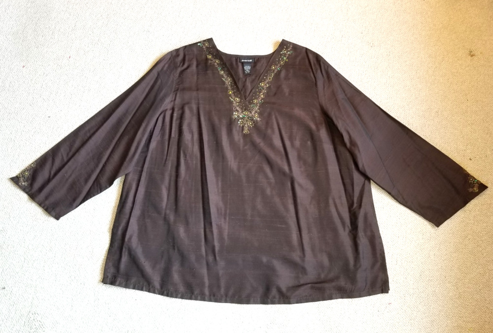 Womens Top-AVENUE-brown silk beaded embroidered tunic V-neck lagenlook-26/28
